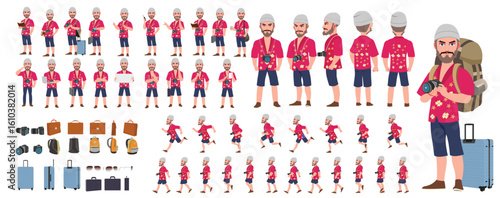 Traveler character model sheet, Character poses, expressions, Walk cycle, Run cycle animated character sequences.