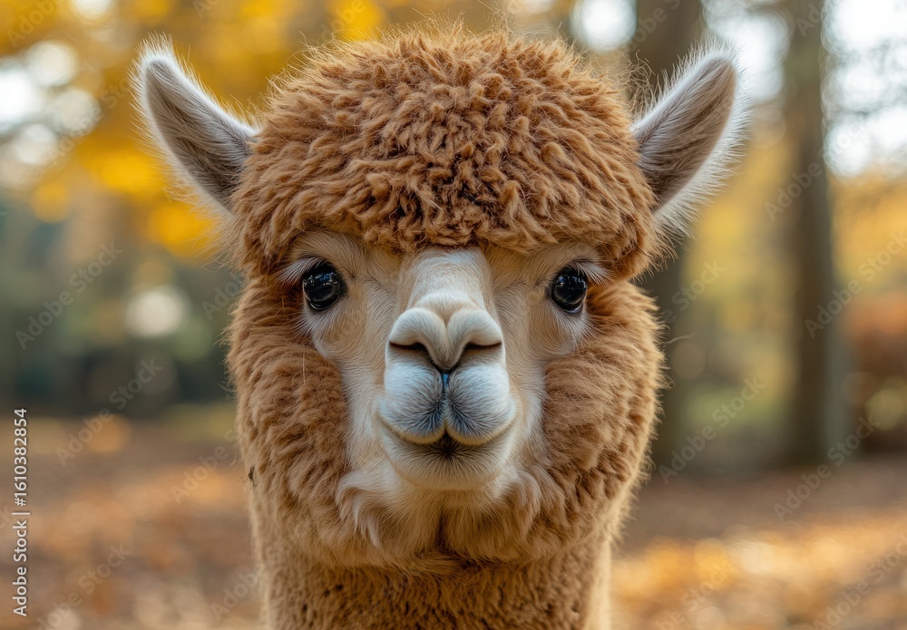Obraz premium Cute Alpaca with Fluffy Fur Surrounded by Autumn Leaves in a Warm Natural Setting