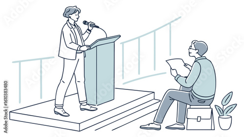 Simple Line Art Illustration Business Presentation: Speaker at Podium, Attentive Listener, Minimalist Design, Modern Office Setting