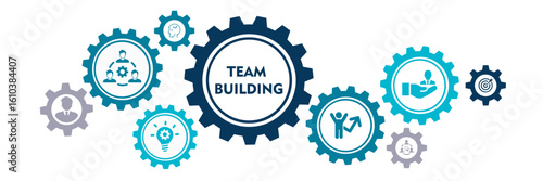 Banner team building concept with teamwork, leadership, inspiration, goal, competence, support, motivation icon vector illustration