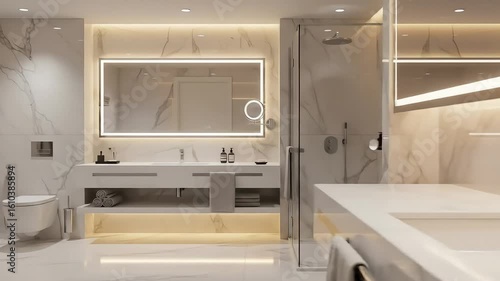 Modern bathroom interior featuring a large illuminated mirror above a double sink vanity, marble walls, and a glass-enclosed shower with a rain shower head.