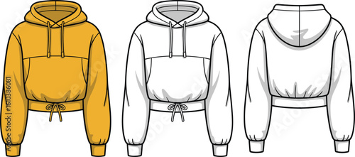 Cropped hoodie design, drawstring detail, front and back views, fashion sketch, modern streetwear, hooded sweatshirt, garment illustration, apparel reference