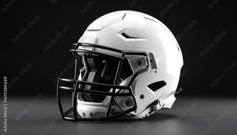Fototapeta premium A sleek, white football helmet with a black facemask rests on a dark surface