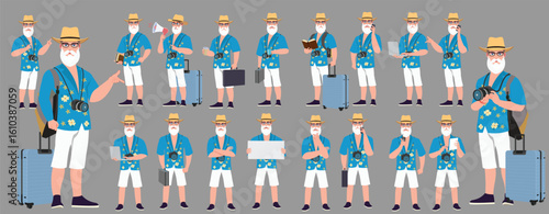 Traveler character model sheet, Character poses, expressions, Walk cycle, Run cycle animated character sequences.