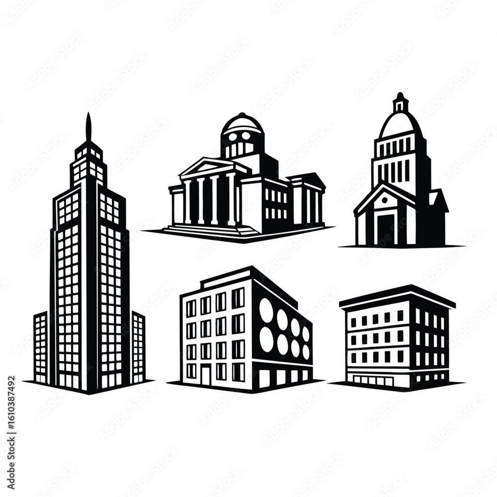 Fototapeta premium A collection of six black and white building illustrations on white background