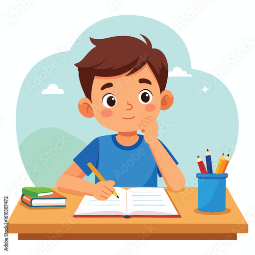 A boy sits at a desk, thoughtfully writing in a notebook, surrounded by books and colored pencils.