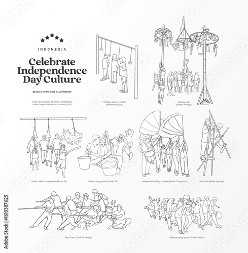 Isolated black and white indonesian independence day illustration