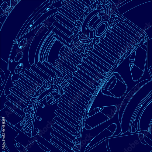 Detailed blueprint of a gearbox with intricate mechanical components, featuring propeller and turbine elements. The technical drawing highlights precise contours against a clean blue background.
