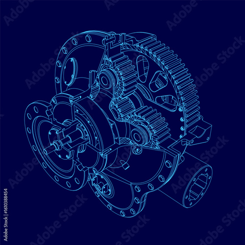 A detailed blueprint of a gearbox on a blue background highlights intricate components like the propeller and turbine. The precise contour lines showcase mechanical engineering design.