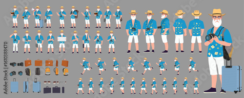 Traveler character model sheet, Character poses, expressions, Walk cycle, Run cycle animated character sequences.
