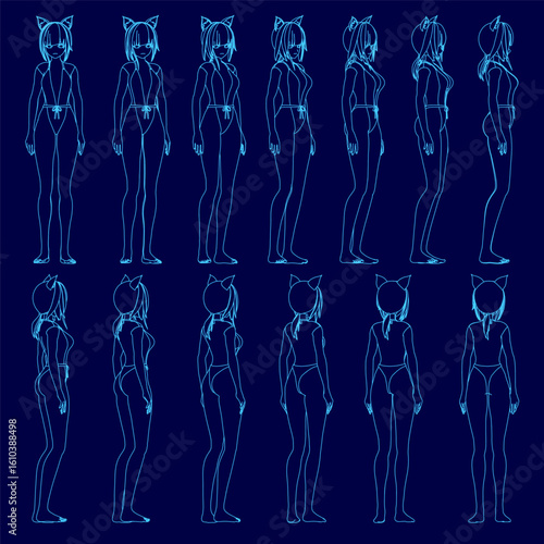 A set of line drawings depicts a girl in various dynamic poses on a blue background, showcasing how to draw a cat girl. The contour illustrations highlight fluid movements and artistic anatomy.