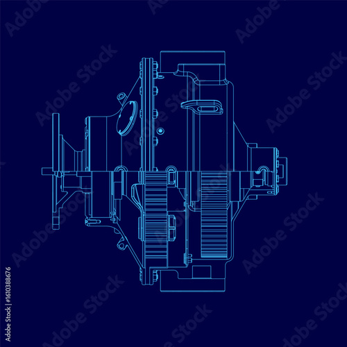 A detailed blueprint of a gearbox with intricate mechanical components like shafts and gears, set against a vibrant blue background. The white contour lines of the gearbox contrast sharply.