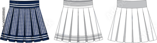 Pleated skirt illustration, houndstooth pattern, stripe detail, grayscale version, fashion design, garment template, clothing sketch, textile artwork, reference