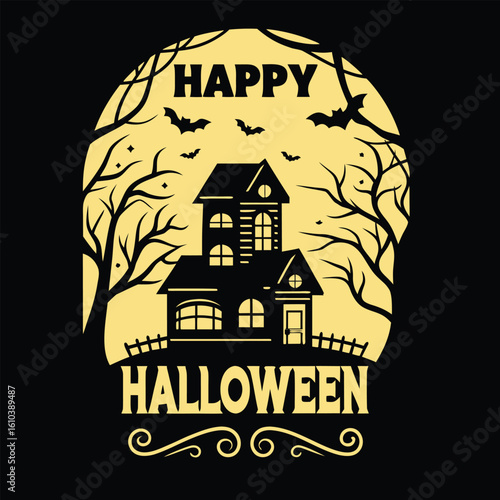 A spooky halloween scene with haunted house bats and bare tree branches