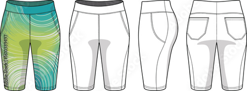 Shorts front, side, back view, colorful swirl design, stitching detail, pocket layout, garment illustration, fashion sketch, textile template, reference