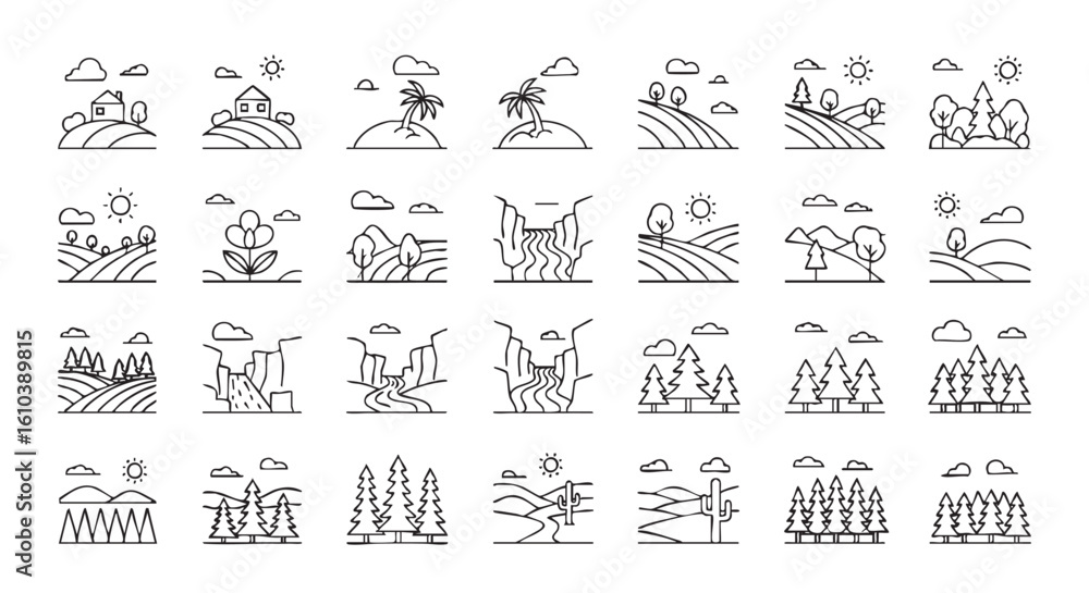 Rolling hills with trees and sun landscape nature Rolling hills with trees and sun landscape nature