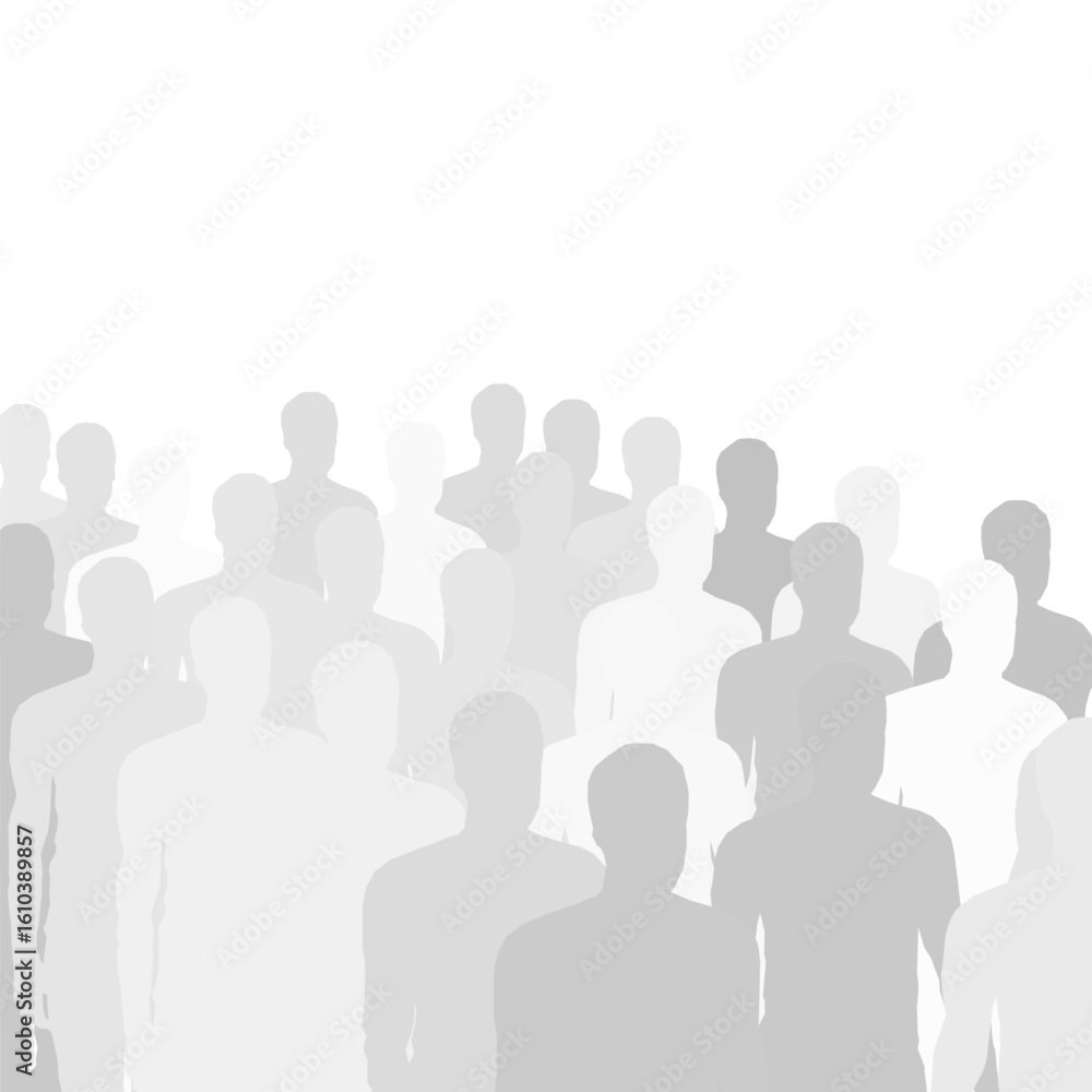 Obraz premium A large group of people stands in unity against a white background, their silhouettes creating a striking contrast. The crowd faces the same direction, emphasizing movement and collective purpose.