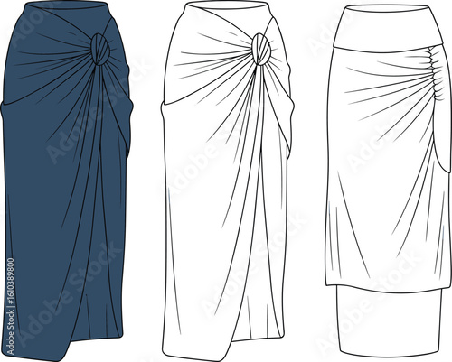 Skirt design illustration, knot detail, high waist style, draped and gathered fabric, fashion sketch, clothing template, garment pattern concept