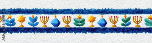Festive patterned border with traditional jewish symbols. Features a garland of ornaments