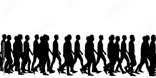 A group of men walking in single file as black silhouettes against a clean white background. The minimalist composition emphasizes movement and unity. Each figure is distinct yet connected.