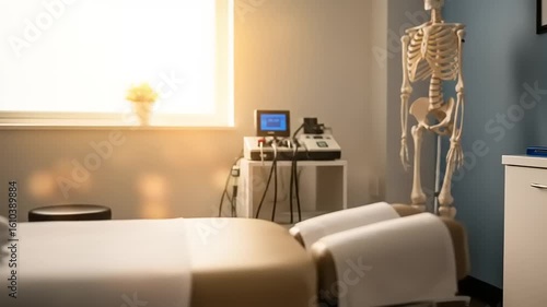 Empty physiotherapy treatment room with equipment