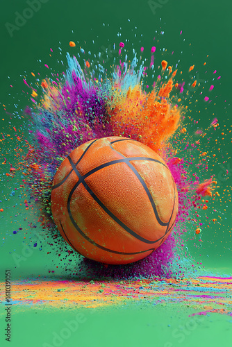Vibrant basketball bursting through colorful powder explosion on a green background