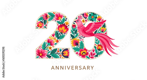 Vibrant 20th anniversary number decorated with colorful folk art flowers and a pink bird.