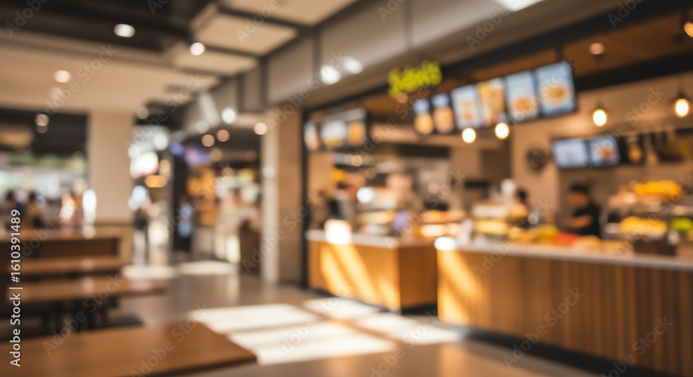 Fototapeta premium Blurred Modern Cafe Interior with Wooden Counters and Digital Menu Boards