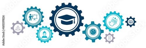 school education during corona virus pandemic vector illustration. Concept with connected icons related to higher education, covid rules, protecting students, learning & studying in secondary school. 