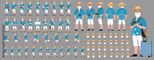 Traveler character model sheet, Character poses, expressions, Walk cycle, Run cycle animated character sequences.
