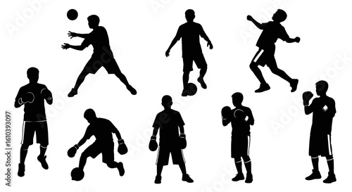 Diverse Silhouettes of Athletes in Action with Balls and Boxing Gloves