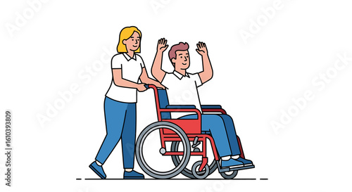 Caregiver pushing man in wheelchair healthcare accessibility flat design