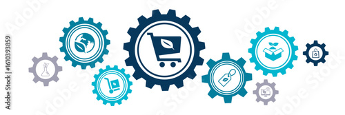 ecological product and packaging vector illustration. Green concept with connected icons related to environmentally friendly shopping or ecommerce, sustainable procurement or purchasing, zero waste.