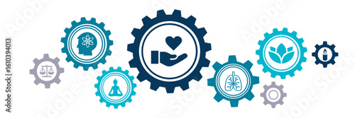 mindfulness / meditation / relaxation concept – connected icons related to mindful living, awareness, stress-relief - vector illustration
