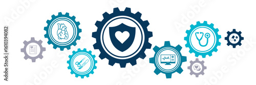 cardiology vector illustration. Concept with connected icons (no people) related to healthcare, cardiac system, cardiologist checkup, heart disease or surgery, cardio medicine or diagnostics. 