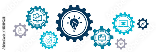 E-learning vector illustration. Blue concept with icons related to webinar, online class / course or blended learning, video tutorial, digital lesson, web training workshop or coaching, remote degree.