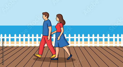Couple stroll along the ocean boardwalk vector graphic in the sunlight