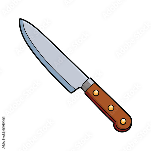 A stainless steel knife resting on a white background, showcasing its blade and handle details