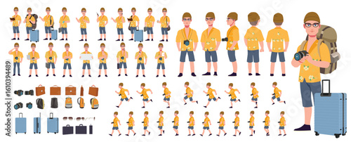 Traveler character model sheet, Character poses, expressions, Walk cycle, Run cycle animated character sequences.
