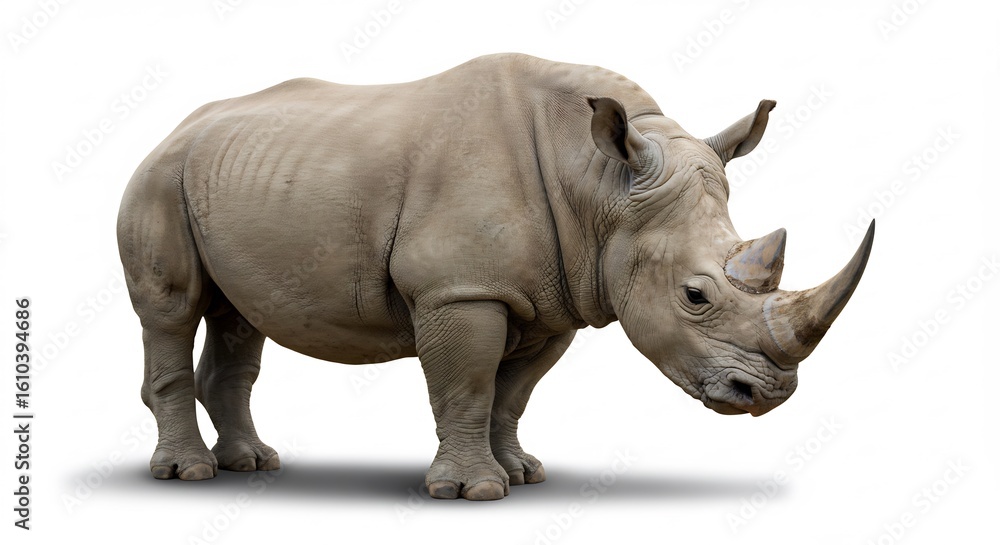 Obraz premium 白い背景 力強い白犀 穏やかに立つ姿 自然光輝く. AI Generated