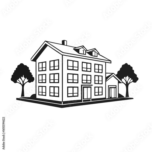 Illustration of a three story building with trees on either side view