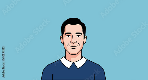 Illustration of man with black hair and blue shirt simple portrait