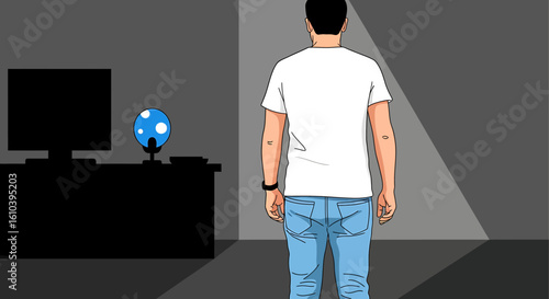 Man in room with computer and spherical device flat vector illustration