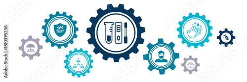 Covid infection prevention measures – vector illustration. Concept with connected icons related to everyday corona protection & information: mask wearing, quarantine, test, social distancing.