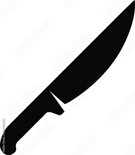 A sharp kitchen knife positioned on a white background, emphasizing its clean lines and polished surface