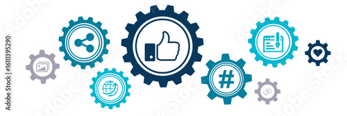 Social media management vector illustration. Concept with connected icons related to social media, social network, marketing, branding and audience communication strategy.