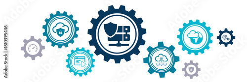 Cloud computing vector illustration. Blue concept with no people and icons related to cloud infrastructure and online storage, wireless connection, cloud technology & security, cloud content networks.