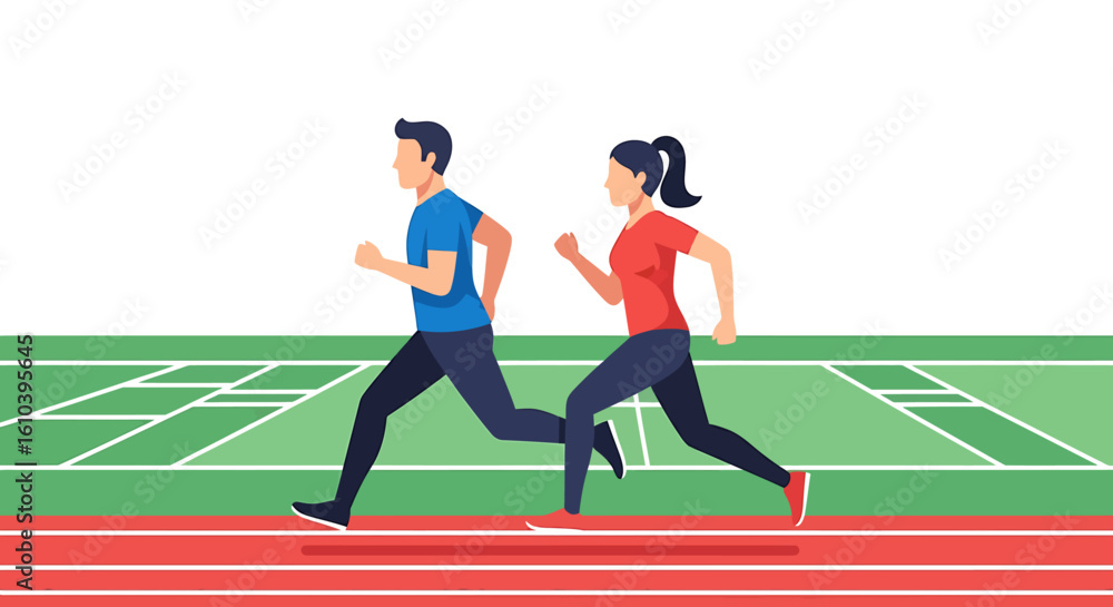 Obraz premium Man and woman running track race active lifestyle fitness sports illustration