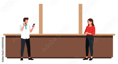 Man and woman communicating across counter modern flat design illustration