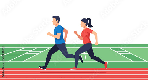 Man and woman running track race active lifestyle fitness sports illustration
